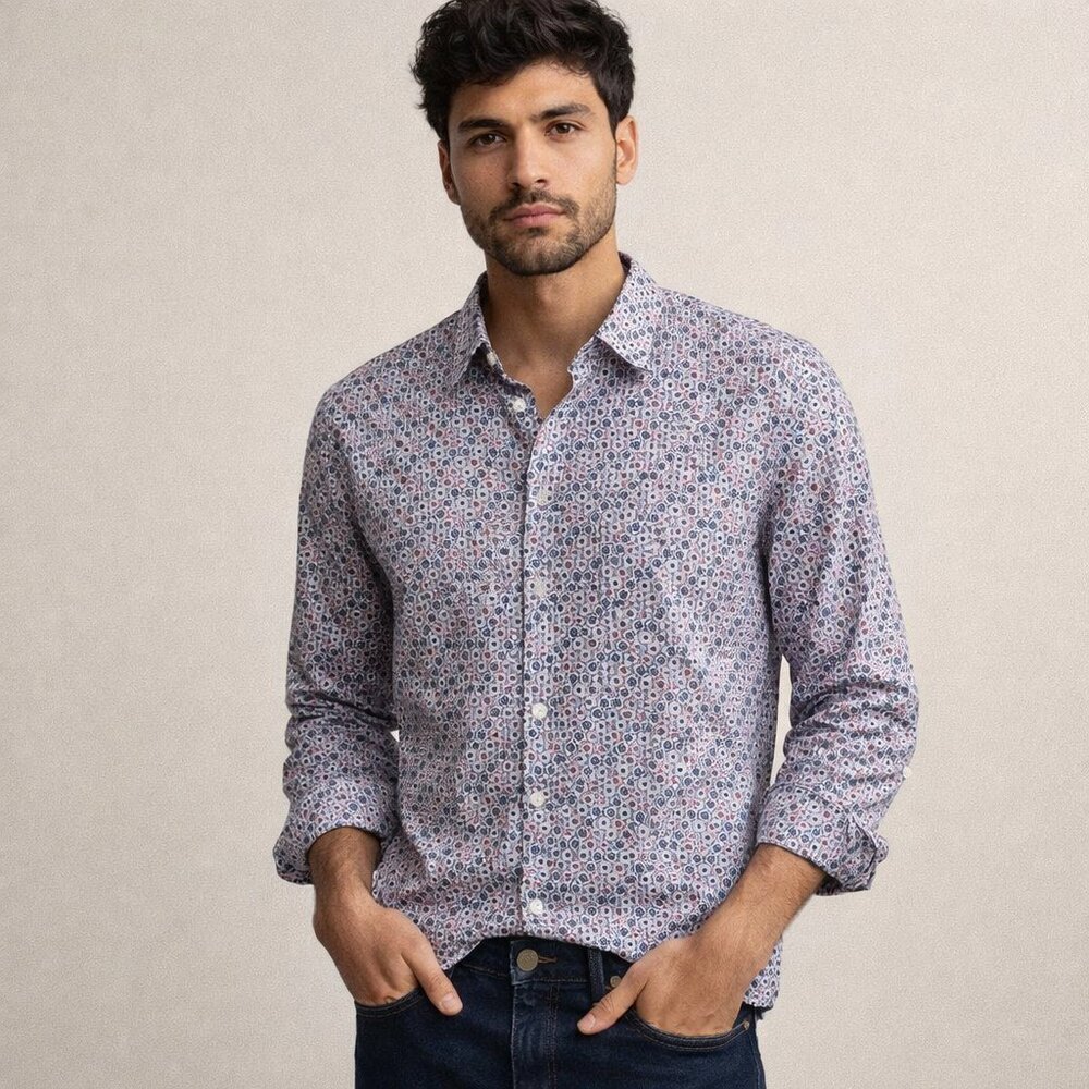 Mojito Collection Reserve Men's 100% Linen Geometric Print Button Down Shirt XL